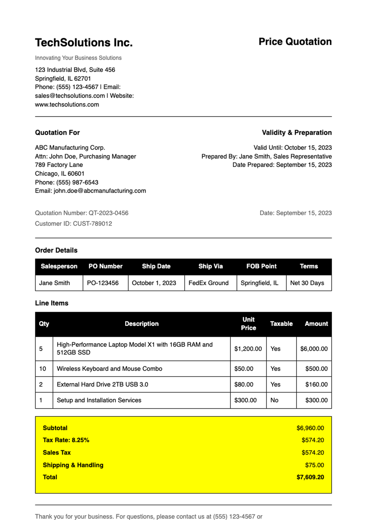 Professional price quotation template with itemized list and tax calculation_variant_2